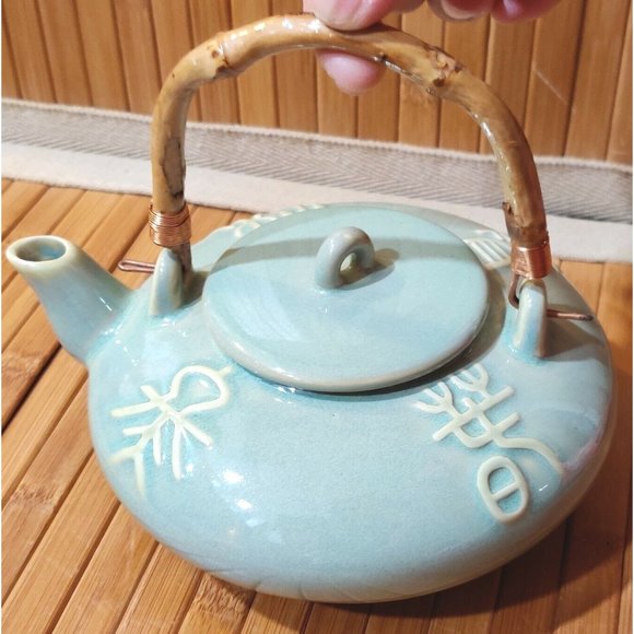 Vintage Mint Green Teapot Asian Japanese Chinese Archaic Calligraphy Writing - Picture 7 of 12